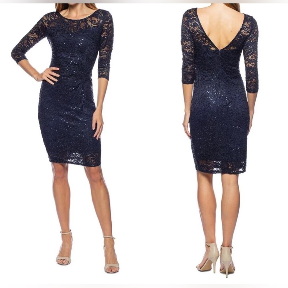 Marina NWT long sleeve navy blue sequin cocktail dress, Size 4